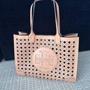 Tory Burch Ella Large Basketweave Leather Tote in Nude Tan